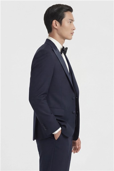 Giotelli Erkek Koyu Lacivert Dar Kesim Slim Fit Viskon Fleto Kapaklı Cep Çift Yırtmaçlı Tam Astarlı Sivri Yaka 6 Drop Smokin Takım Elbise 