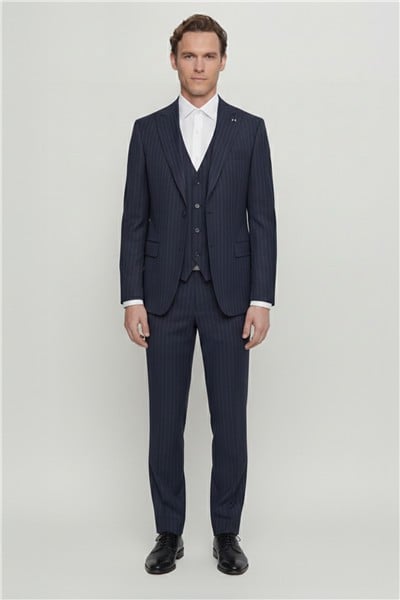 Giotelli Erkek Koyu Lacivert Dar Kesim Slim Fit Viskon Dokuma Normal Bel 6 Drop Yelekli Takım Elbise