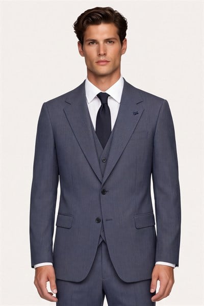 Giotelli Erkek Koyu Lacivert Dar Kesim Slim Fit Pamuklu Dokuma Çizgili 8 Drop Yelekli Takım Elbise