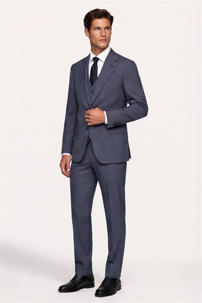 Giotelli Erkek Koyu Lacivert Dar Kesim Slim Fit Pamuklu Dokuma Çizgili 8 Drop Yelekli Takım Elbise