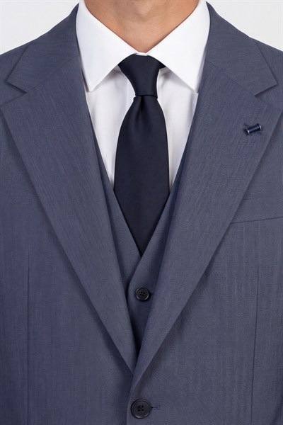 Giotelli Erkek Koyu Lacivert Dar Kesim Slim Fit Pamuklu Dokuma Çizgili 8 Drop Yelekli Takım Elbise