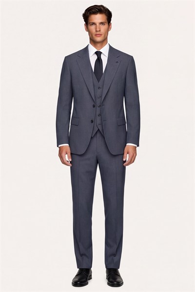 Giotelli Erkek Koyu Lacivert Dar Kesim Slim Fit Pamuklu Dokuma Çizgili 8 Drop Yelekli Takım Elbise