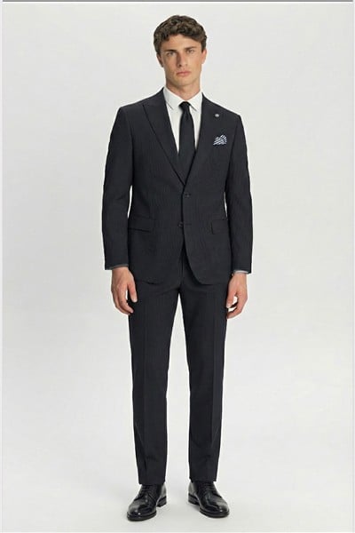 Giotelli Erkek Koyu Lacivert Dar Kesim Slim Fit %100 Yün 6 Drop Yelekli Klasik Takım Elbise