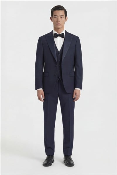 Giotelli Erkek Koyu Lacivert Dar Kesim Slim Fit Viskon Dokuma Nomal Bel 6 Drop Yelekli Smokin Takım Elbise
