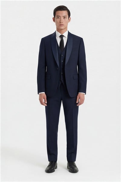 Giotelli Erkek Koyu Lacivert Dar Kesim Slim Fit Viskon Dokuma Normal Bel 6 Drop Yelekli Smokin Takım Elbise
