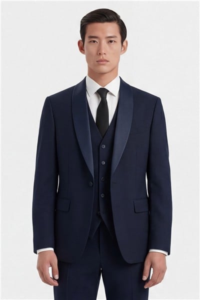 Giotelli Erkek Koyu Lacivert Dar Kesim Slim Fit Viskon Dokuma Normal Bel 6 Drop Yelekli Smokin Takım Elbise