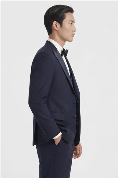Giotelli Erkek Koyu Lacivert Dar Kesim Slim Fit Viskon Dokuma Nomal Bel 6 Drop Yelekli Smokin Takım Elbise