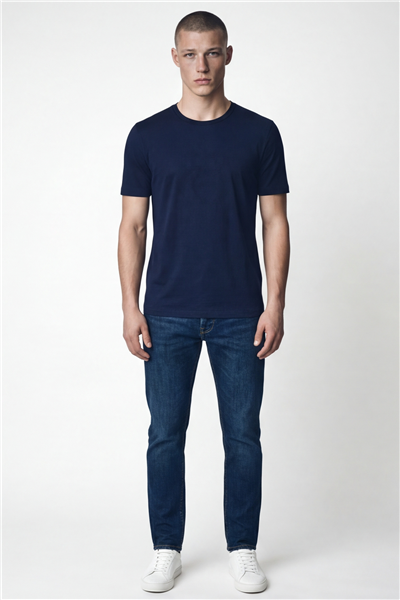 Giotelli Erkek Lacivert Dar Kesim Slim Fit %100 Pamuk Bisiklet Yaka Tişört
