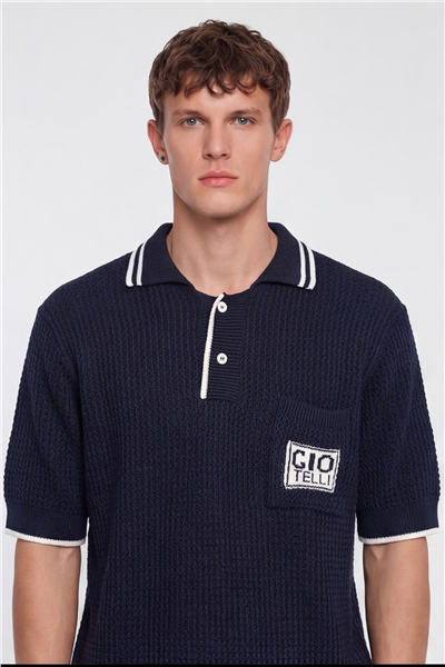 Giotelli Erkek Lacivert Normal Kesim Regular Fit %100 Pamuk Düğmeli Polo Yaka Triko Kazak