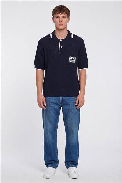Giotelli Erkek Lacivert Normal Kesim Regular Fit %100 Pamuk Düğmeli Polo Yaka Triko Kazak