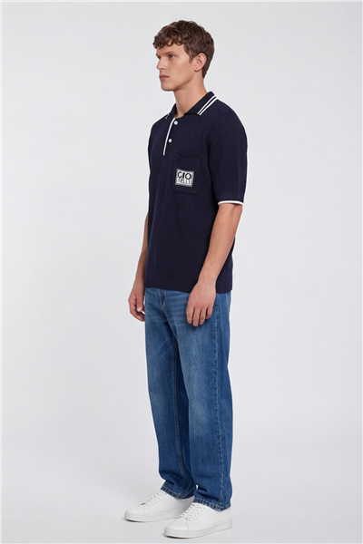 Giotelli Erkek Lacivert Normal Kesim Regular Fit %100 Pamuk Düğmeli Polo Yaka Triko Kazak