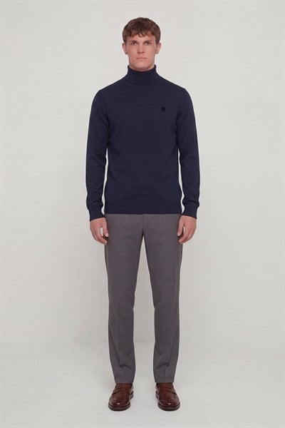 Giotelli Erkek Lacivert Dar Kesim Slim Fit Yünlü Düz Balıkçı Yaka Triko Kazak