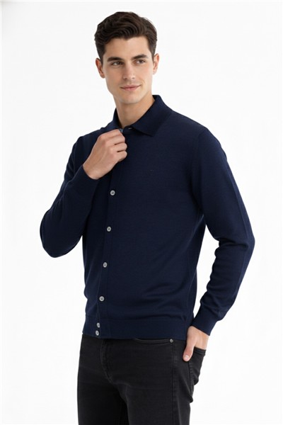 Giotelli Erkek Lacivert Dar Kesim Slim Fit Yünlü Dokuma Düz Triko Gömlek Hırka