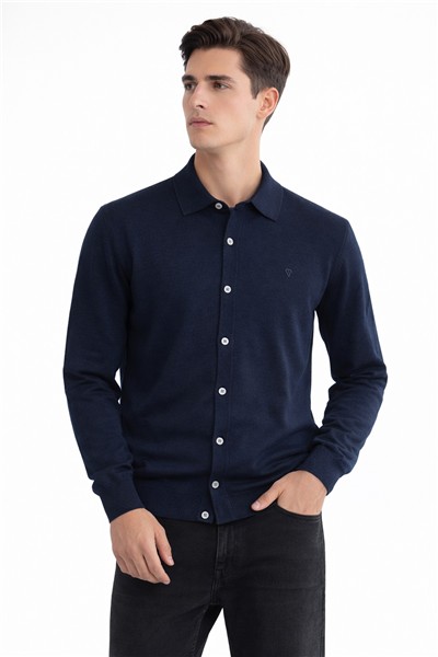 Giotelli Erkek Lacivert Dar Kesim Slim Fit Yünlü Dokuma Düz Triko Gömlek Hırka