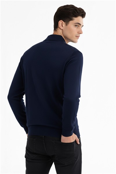 Giotelli Erkek Lacivert Dar Kesim Slim Fit Yünlü Dokuma Düz Triko Gömlek Hırka