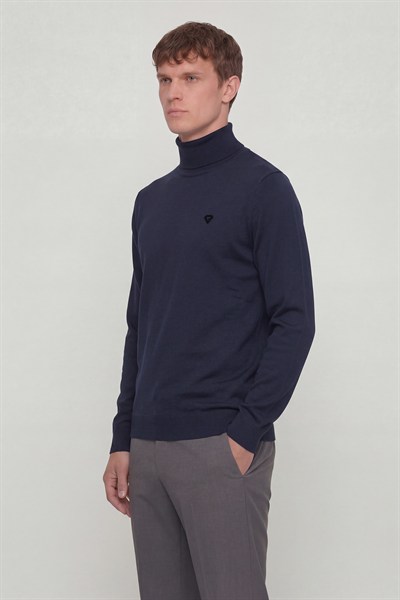 Giotelli Erkek Lacivert Dar Kesim Slim Fit Yünlü Düz Balıkçı Yaka Triko Kazak