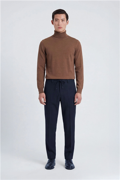 Giotelli Erkek Lacivert Dar Kesim Slim Fit Viskon Dokuma Yan Cep Bağcıklı Bel Pantolon