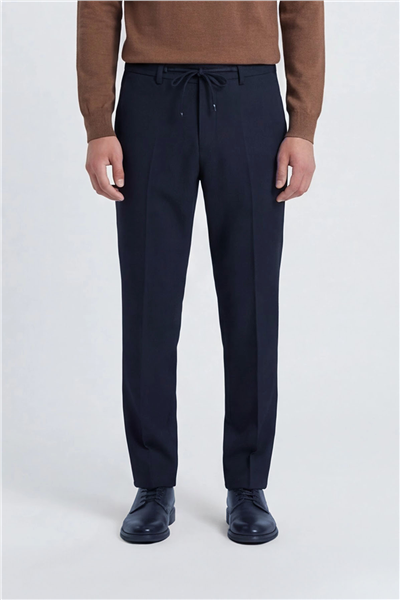Giotelli Erkek Lacivert Dar Kesim Slim Fit Viskon Dokuma Yan Cep Bağcıklı Bel Pantolon