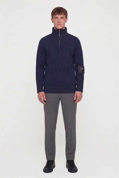 Giotelli Erkek Lacivert Normal Kesim Regular Fit Yünlü Dokuma Fermuarlı Balıkçı Yaka Triko Kazak