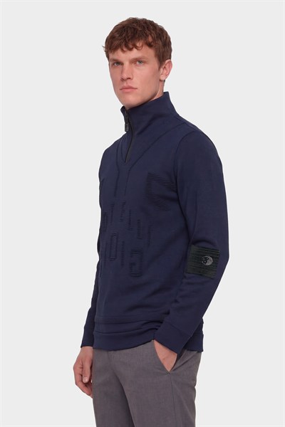 Giotelli Erkek Lacivert Normal Kesim Regular Fit Yünlü Dokuma Fermuarlı Balıkçı Yaka Triko Kazak