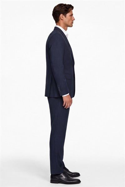 Giotelli Erkek Lacivert Dar Kesim Slim Fit Viskon Dokuma Çizgili 4 Drop Takım Elbise