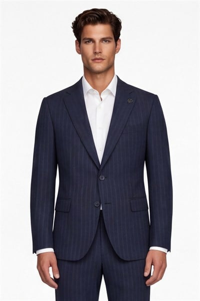 Giotelli Erkek Lacivert Dar Kesim Slim Fit Viskon Dokuma Çizgili 4 Drop Takım Elbise