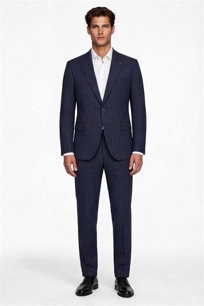 Giotelli Erkek Lacivert Dar Kesim Slim Fit Viskon Dokuma Çizgili 4 Drop Takım Elbise