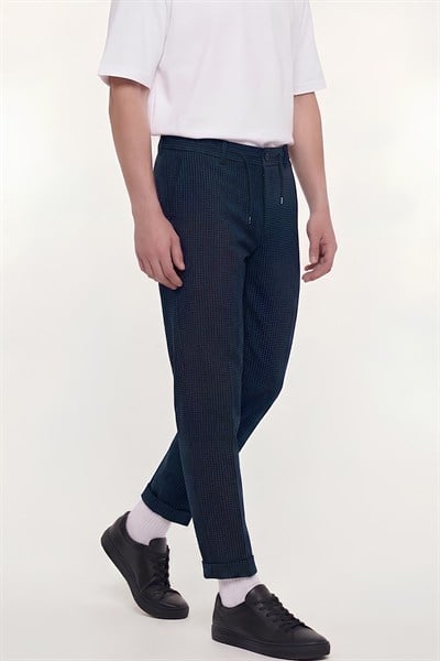 Giotelli Erkek Lacivert Dar Kesim Slim Fit Dokuma Yan Cep Lastikli Bel Pantolon