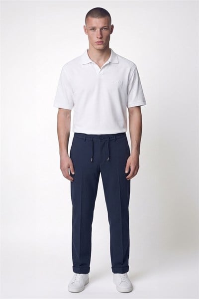 Giotelli Erkek Lacivert Dar Kesim Slim Fit Dokuma Yan Cep Lastikli Bel Pantolon