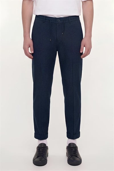 Giotelli Erkek Lacivert Dar Kesim Slim Fit Dokuma Yan Cep Lastikli Bel Pantolon