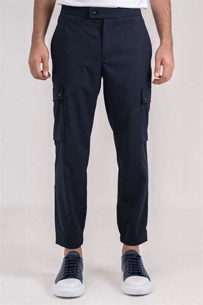 Giotelli Erkek Lacivert Dar Kesim Slim Fit Viskon Dokuma Kargo Cep Normal Bel Pantolon