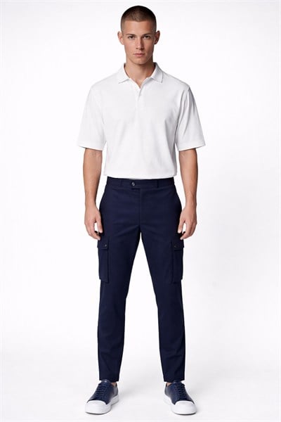Giotelli Erkek Lacivert Dar Kesim Slim Fit Viskon Dokuma Kargo Cep Normal Bel Pantolon