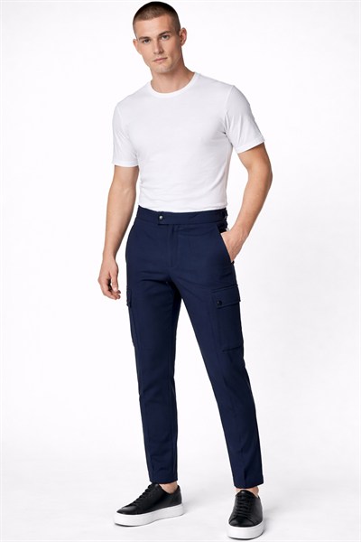 Giotelli Erkek Lacivert Dar Kesim Slim Fit Yünlü Dokuma Kargo Cep Normal Bel 6 Drop Pantolon