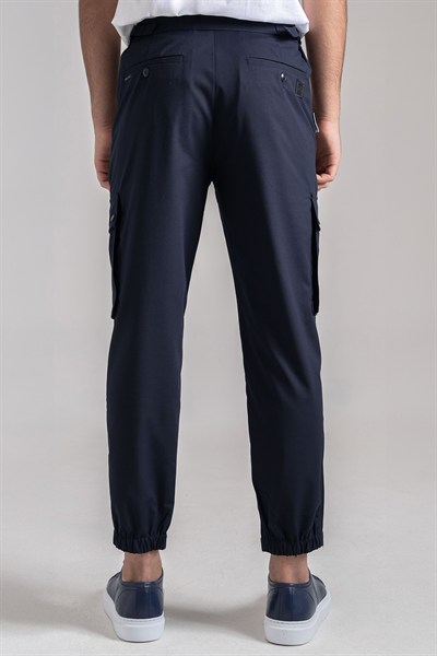 Giotelli Erkek Lacivert Dar Kesim Slim Fit Viskon Dokuma Kargo Cep Normal Bel Pantolon