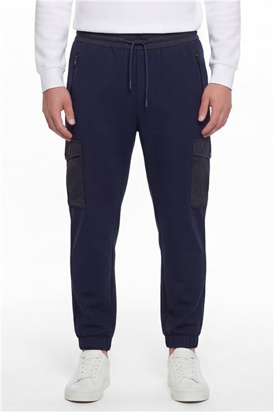 Giotelli Erkek Lacivert Dar Kesim Slim Fit Pamuklu Lastikli Bel Kapaklı Cep Lastikli Paça Pantolon
