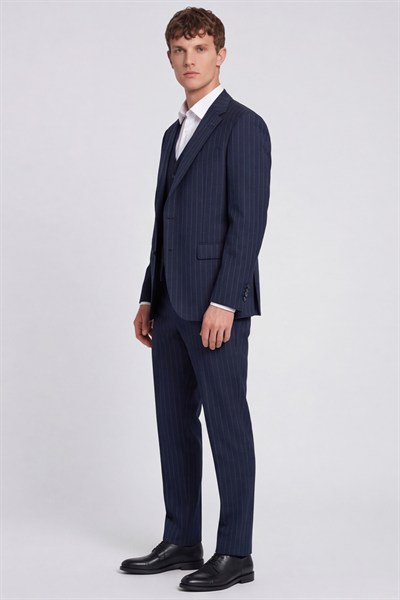 Giotelli Erkek Lacivert Dar Kesim Slim Fit Viskon Dokuma Çizgili Klasik Yaka 6 Drop Takım Elbise
