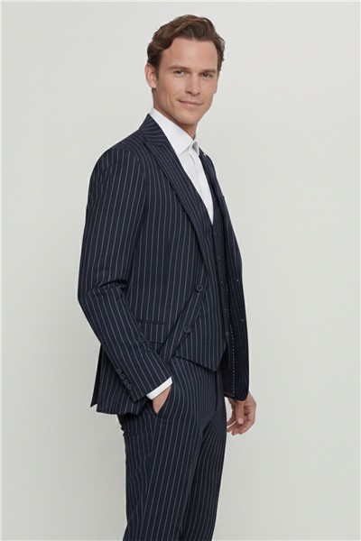 Giotelli Erkek Lacivert Dar Kesim Slim Fit Viskon Dokuma Normal Bel 6 Drop Yelekli Takım Elbise