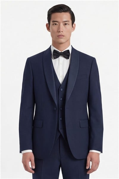 Giotelli Erkek Lacivert Dar Kesim Slim Fit Viskon Dokuma Normal Bel 6 Drop Yelekli Smokin Takım Elbise