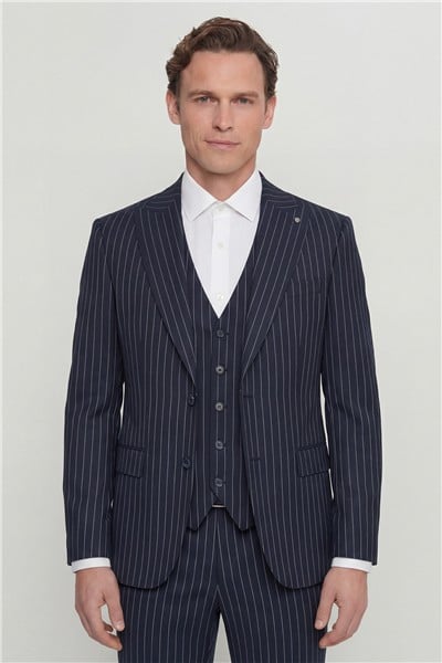 Giotelli Erkek Lacivert Dar Kesim Slim Fit Viskon Dokuma Normal Bel 6 Drop Yelekli Takım Elbise