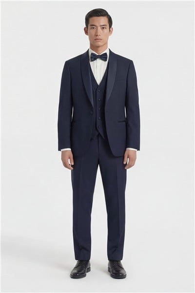 Giotelli Erkek Lacivert Dar Kesim Slim Fit Viskon Dokuma Normal Bel 8 Drop Klasik Yelekli Smokin Takım Elbise