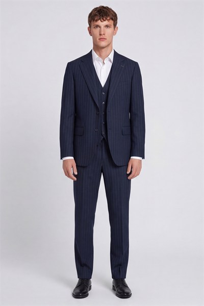 Giotelli Erkek Lacivert Dar Kesim Slim Fit Viskon Dokuma Çizgili Klasik Yaka 6 Drop Takım Elbise