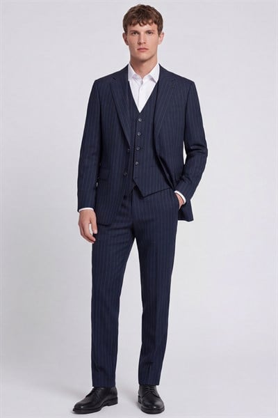 Giotelli Erkek Lacivert Dar Kesim Slim Fit Viskon Dokuma Çizgili Klasik Yaka 6 Drop Takım Elbise