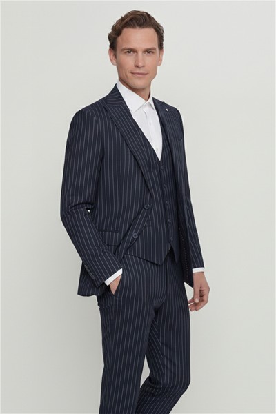 Giotelli Erkek Lacivert Dar Kesim Slim Fit Viskon Dokuma Normal Bel 6 Drop Yelekli Takım Elbise