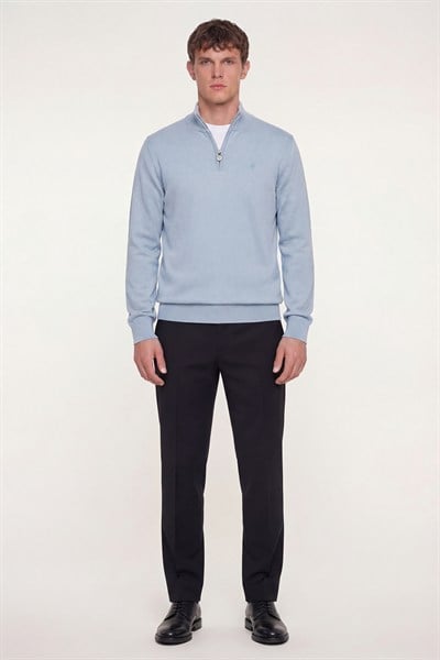 Giotelli Erkek Mavi Normal Kesim Regular Fit Pamuklu Fermuarlı Yarım Balıkçı Yaka Triko Kazak