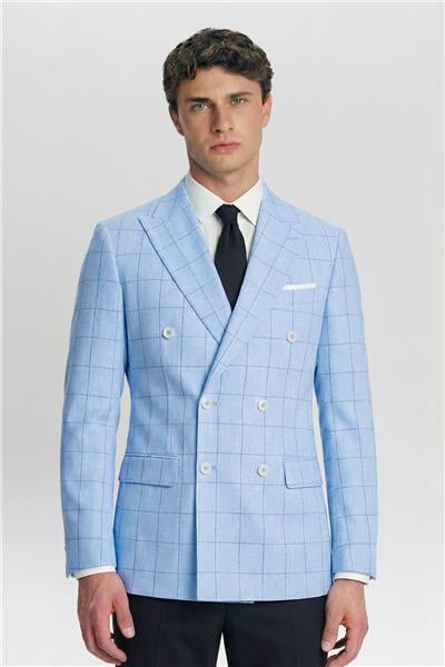 Giotelli Mavi Ekose Sivri Yaka Roma Kalıp 6 Drop Astarsız Erkek Ceket