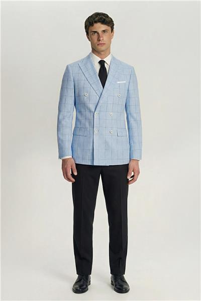 Giotelli Mavi Ekose Sivri Yaka Roma Kalıp 6 Drop Astarsız Erkek Ceket