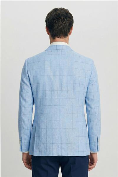 Giotelli Mavi Ekose Sivri Yaka Roma Kalıp 6 Drop Astarsız Erkek Ceket