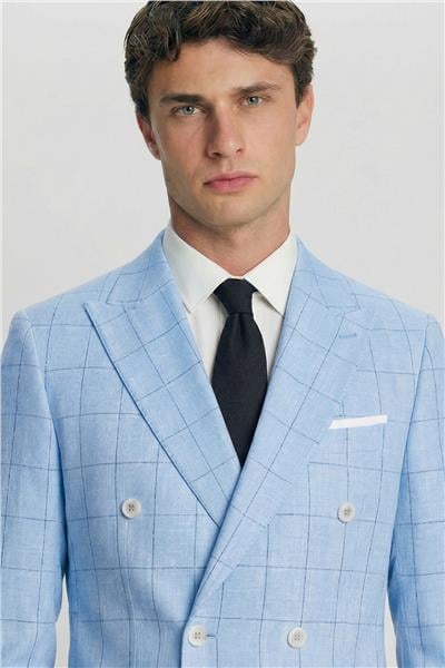 Giotelli Mavi Ekose Sivri Yaka Roma Kalıp 6 Drop Astarsız Erkek Ceket