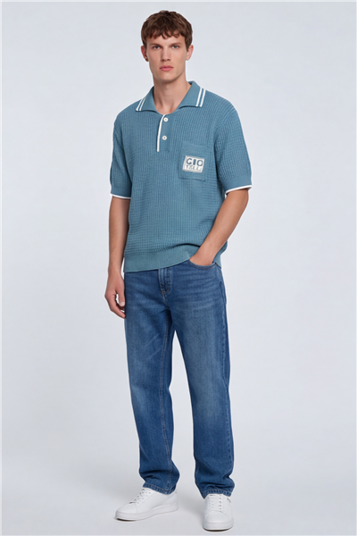 Giotelli Erkek Mavi Normal Kesim Regular Fit %100 Pamuk Düğmeli Polo Yaka Triko Kazak