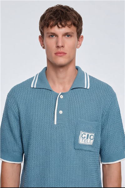 Giotelli Erkek Mavi Normal Kesim Regular Fit %100 Pamuk Düğmeli Polo Yaka Triko Kazak